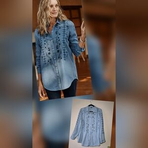 J.Jill Embroidered Chambray Button-Down Shirt – Light Blue – Size Large